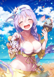 Rule 34 | 1girl, :d, ^ ^, bb (fate), bb (fate) (all), bb (swimsuit mooncancer) (fate), bb (swimsuit mooncancer) (first ascension) (fate), beach, blue sky, blush, braid, breasts, character name, closed eyes, cloud, collarbone, day, fate (series), food, hat, highres, ice cream, kanola u, large breasts, long hair, navel, ocean, open mouth, purple hair, single braid, sky, smile, solo, star (symbol), swimsuit, white hat