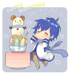 Rule 34 | 1boy, :3, belt, blue hair, blue scarf, blush, cherry, coat, excited, closed eyes, food, fruit, happy birthday, heart, ice cream, ice cream cone, kaito (vocaloid), kikuchi mataha, male focus, pants, popsicle, saliva, scarf, short hair, smile, solo, spoon, table, vocaloid, waffle cone
