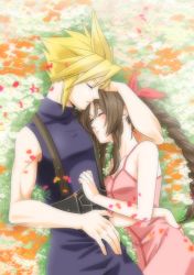 Rule 34 | 1boy, 1girl, aerith gainsborough, arm around neck, bare arms, belt, blonde hair, blue pants, blue shirt, blush, braid, braided ponytail, breasts, brown hair, cleavage, closed eyes, cloud strife, couple, cowboy shot, cuddling, dress, falling petals, final fantasy, final fantasy vii, hair between eyes, hair ribbon, hand in another&#039;s hair, hand on another&#039;s chest, kirishima saya, long hair, lying, medium breasts, on back, on side, outdoors, pants, parted bangs, parted lips, petals, pink dress, pink ribbon, ribbon, shirt, short hair, sidelocks, sleeping, sleeveless, sleeveless turtleneck, spiked hair, suspenders, turtleneck