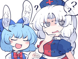 Rule 34 | 2girls, ?, @ @, blue bow, blue dress, blue hair, blue headwear, blush stickers, bow, braid, chahan (fried rice0614), cirno, closed eyes, collared shirt, cross, dress, grey eyes, hair bow, hat, long hair, multiple girls, nurse cap, one-hour drawing challenge, open mouth, puffy short sleeves, puffy sleeves, red cross, shirt, short hair, short sleeves, simple background, single braid, smile, spoken question mark, touhou, white background, white hair, white shirt, yagokoro eirin