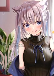 Rule 34 | 1girl, :q, absurdres, animal ear fluff, animal ears, black vest, blue eyes, blue ribbon, blush, cat ears, earrings, hair between eyes, highres, indoors, jewelry, long hair, looking at viewer, original, ribbed sweater, ribbon, sakura hiyori, silver hair, smile, solo, sweater, tongue, tongue out, upper body, vest