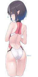Rule 34 | 1girl, ass, back, bare arms, bare legs, bare shoulders, black hair, blue eyes, blush, closed mouth, competition swimsuit, cowboy shot, dan (kumadan), elf, from behind, highleg, highres, looking at viewer, looking back, mole, mole under eye, multicolored hair, one-piece swimsuit, original, pointy ears, short hair, simple background, solo, swimsuit, thigh gap, white background