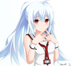 Rule 34 | 10s, 1girl, bad id, bad pixiv id, isla (plastic memories), keenh, long hair, looking at viewer, plastic memories, red eyes, signature, silver hair, simple background, solo, white background