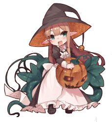 Rule 34 | 1girl, aria (fuurin), blonde hair, boots, elf, food, fuurin (tukimitake), green eyes, hat, holding, holding food, holding pumpkin, holding vegetable, jack-o&#039;-lantern, long hair, maid, open mouth, original, plant, pointy ears, pumpkin, vegetable, very long hair, vines, white background, witch hat