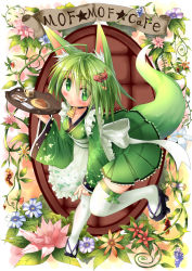 Rule 34 | 1girl, animal ears, bad id, bad pixiv id, blush, flower, fox ears, fox tail, green eyes, green hair, highres, japanese clothes, looking at viewer, maid, matching hair/eyes, nail polish, open mouth, original, solo, tail, thighhighs, tinkvov, wa maid