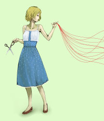 Rule 34 | 1girl, bare shoulders, blonde hair, collarbone, dress, full body, highres, looking away, original, parted lips, profile, scissors, short hair, solo, standing, string, string of fate, travo