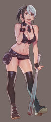 Rule 34 | 1girl, bare shoulders, baseball bat, belt, belt buckle, belt pouch, black eyes, black footwear, black gloves, black hair, black shorts, black thighhighs, blood, bloody weapon, boots, breasts, buckle, cleavage, crop top, detached collar, ear piercing, fingerless gloves, gloves, grey background, hair between eyes, highres, holding, holding baseball bat, holding weapon, looking at viewer, medium breasts, micro shorts, midriff, multicolored hair, navel, necktie, open mouth, original, piercing, ponytail, pouch, psychicjin, short hair, short ponytail, short shorts, shorts, simple background, sleeveless, smile, solo, split-color hair, standing, stomach, tagme, thighhighs, two-tone hair, weapon, white hair