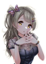 Rule 34 | 1girl, :o, absurdres, alternate costume, asymmetrical bangs, backlighting, blouse, blush, bow, breasts, brown eyes, brown hair, cleavage, crossed fingers, goth fashion, hair bow, hair ornament, halloween, highres, lace, lips, lipstick, long hair, looking at viewer, love live!, love live! school idol project, makeup, medium breasts, minami kotori, nail, see-through, shirt, silk, solo, spider web, takochan77, upper body, wavy hair, wristband