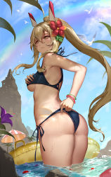 Rule 34 | 1girl, alternate costume, armpits, ass, ayanami (azur lane), azur lane, back, bangle, bare arms, bare shoulders, bikini, bikini tug, bird, blonde hair, blue bikini, blue sky, blush, bracelet, breasts, closed mouth, cloud, day, embarrassed, flower, from side, hair between eyes, hair flower, hair ornament, half-closed eyes, hand on own chest, headgear, highres, hip focus, innertube, itoucon, jewelry, long hair, looking at viewer, medium breasts, nail polish, ocean, on water, outdoors, partially submerged, petals, petals on liquid, ponytail, purple nails, rainbow, red nails, rock, side-tie bikini bottom, sidelocks, sky, solo, standing, sunny, swim ring, swimsuit, thighs, twisted torso, underboob, very long hair, wading, water, wet, yellow eyes
