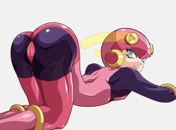 Rule 34 | 1girl, android, artist request, ass, bodysuit, boots, cameltoe, capcom, corruption, dark persona, evil grin, evil smile, flat chest, gloves, green eyes, grin, helmet, looking at viewer, looking back, mega man (series), mega man battle network, roll.exe (mega man), shiny clothes, skin tight, smile, solo, thigh boots, thighhighs, top-down bottom-up, turtleneck