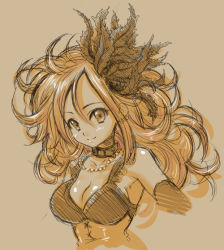 Rule 34 | 1girl, breasts, cleavage, collar, corset, dragon quest, dragon quest swords, feather hair ornament, feathers, gem, hair ornament, jewelry, monochrome, necklace, pearl (gemstone), sepia, setia, smile, solo