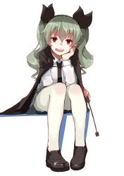 Rule 34 | 10s, 1girl, anchovy (girls und panzer), blush, brown eyes, cape, drill hair, girls und panzer, green hair, hair ribbon, hand on own chin, head rest, highres, loafers, long hair, long sleeves, looking at viewer, mugcup, necktie, open mouth, pantyhose, ribbon, riding crop, school uniform, shirt, shoes, sitting, skirt, smile, solo, twin drills, twintails, white pantyhose, white shirt