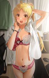 Rule 34 | 1girl, ahoge, arm up, blonde hair, blush, bocchi the rock!, bow, bow panties, bra, breasts, breasts apart, brown eyes, cable tie, clothes hanger, collarbone, commentary request, curtains, detached ahoge, energy drink, hair ornament, hair scrunchie, hand in own hair, hand up, highres, ijichi nijika, indoors, long hair, looking at viewer, monster energy, navel, open clothes, open mouth, open shirt, panties, parted bangs, pink bra, pink panties, product placement, scrunchie, shirt, side ponytail, sidelighting, small breasts, solo, stomach, surprised, sweatdrop, tipii, underwear, white shirt, yellow scrunchie