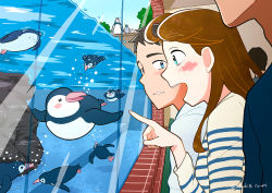 Rule 34 | 1boy, 1girl, aquarium, bird, blue sky, brick, brown hair, bubble, commentary request, day, eurasian tree sparrow, jupachi18, long hair, open mouth, original, penguin, pointing, profile, shirt, short hair, signature, sky, sparrow, striped clothes, striped shirt, tree, twitter username, upper body