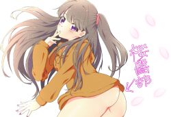 Rule 34 | 1girl, arrow (symbol), ass, bottomless, breasts, brown hair, brown hoodie, commentary request, covering own mouth, falling petals, fujishima megumi, hand over own mouth, hood, hoodie, light blush, link! like! love live!, long hair, long sleeves, looking at viewer, love live!, medium breasts, petals, pink nails, pink petals, purple eyes, rakinegimagi, simple background, solo, swept bangs, translation request, two side up, upper body, white background