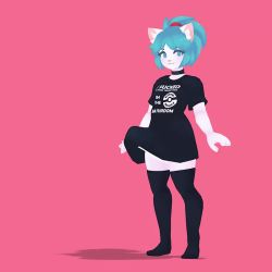 Rule 34 | 1girl, animal ears, animated, animated gif, aqua hair, black shirt, black thighhighs, blue eyes, choker, clothes lift, clothes writing, fangs, full body, fur, implied erection, looking at viewer, motion lines, open mouth, original, phallic symbol, ponytail, sexually suggestive, shirt, shirt lift, short ponytail, smile, solo, standing, t-shirt, tail, thighhighs