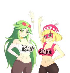 Rule 34 | 2girls, arms (game), artist name, blonde hair, blush, breasts, cleavage, crossover, excaliblader, green hair, hand on own hip, highres, kid icarus, large breasts, legs, lipstick, long hair, looking at viewer, makeup, midriff, min min (arms), multiple girls, navel, nintendo, palutena, pants, parted lips, shirt, short hair, sleeveless, sleeveless shirt, smile, solo, sportswear, sunglasses on head, super smash bros., tank top, thick thighs, thighs, very long hair, wide hips