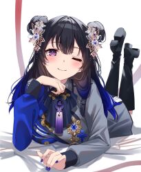 1girl black_footwear black_hair blue_nails boots butterfly_hair_ornament double_bun elbow_rest feet_up flower_ornament gem gradient_hair hair_bun hair_ornament highres hikari_yui ichinose_uruha knee_boots light_smile long_hair long_sleeves looking_at_viewer lying multicolored_hair nail_polish on_stomach one_eye_closed parted_bangs purple_eyes purple_gemstone solo two-tone_dress virtual_youtuber vspo! white_background