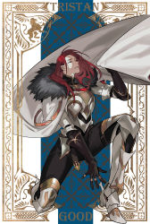 Rule 34 | 1boy, armor, cape, closed eyes, fate/grand order, fate (series), fur trim, gloves, highres, kaifei (kaifei 29), kneeling, knights of the round table (fate), long hair, male focus, on one knee, open mouth, red hair, smile, solo, tristan (fate), white cape