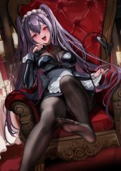 Rule 34 | 1girl, :d, apron, black nails, black pantyhose, blush, breasts, bridal gauntlets, chair, demon tail, fangs, feet, large breasts, long hair, long sleeves, looking at viewer, maid headdress, mikan03 26, nail polish, open mouth, original, pantyhose, purple hair, red eyes, sitting, smile, soles, solo, tail, thighs, toes, white apron, white headwear
