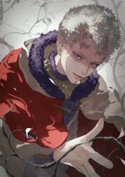 Rule 34 | 1boy, black clover, capelet, fur-trimmed capelet, fur trim, highres, male focus, parted lips, plant, purple eyes, scar, scar on face, short hair, smile, solo, tdgypm, white hair, william vangeance, yellow capelet