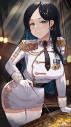Rule 34 | 1girl, absurdres, armor, black hair, blue eyes, blue hair, breasts, colored inner hair, cowboy shot, dark blue hair, dress, earrings, gloves, gmg, grin, highres, jewelry, large breasts, leaning forward, long hair, looking at viewer, map, military, military uniform, multicolored hair, necktie, original, parted bangs, pauldrons, pencil dress, pointer, short dress, shoulder armor, smile, solo, swept bangs, thigh gap, thighhighs, two-tone hair, uniform, white dress, white gloves, zettai ryouiki