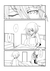 Rule 34 | 10s, abyssal ship, bed, boushi-ya, cane, clipboard, coat, comic, glasses, greyscale, hospital bed, hospital gown, kantai collection, monochrome, re-class battleship, short hair, translated