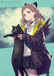 Rule 34 | 1girl, :&lt;, :3, animal, black bow, black cat, black jacket, black skirt, blue eyes, blush, bow, braid, braided bangs, brown hair, cat, choker, closed mouth, commentary request, cowboy shot, drawstring, flat chest, hair behind ear, hair bow, highres, holding, holding animal, hood, hood down, hooded jacket, hoodie, jacket, kusano shinta, long sleeves, looking at viewer, looking away, open clothes, open jacket, original, pleated skirt, pocket, sideways glance, skirt, smile, unzipped, white hoodie