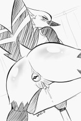 Rule 34 | 1girl, 2017, anal, anus, artist name, ass, bar stool, beak, blush, butt plug, creatures (company), dated, female focus, fletchinder, from behind, furry, furry female, game freak, gen 6 pokemon, greyscale, looking at viewer, looking back, monochrome, nintendo, nude, poke ball theme, pokemon, pokemon (creature), pokemon xy, presenting, pussy, pussy juice, sex toy, shadowill, simple background, sketch, solo, spread legs, stool, tail, text focus, uncensored, white background