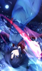 Rule 34 | 1girl, absurdres, bad id, bad twitter id, black hair, blue eyes, blue kimono, blurry, city, commentary, commentary request, cowboy shot, depth of field, falling, foreshortening, fur trim, glowing, highres, holding, holding knife, holding weapon, jacket, japanese clothes, kara no kyoukai, kimono, knife, light particles, light trail, long sleeves, looking at viewer, moon, motion blur, night, obi, okakasushi, open clothes, open jacket, outstretched arms, red jacket, ringed eyes, ryougi shiki, sash, serious, short hair, slashing, solo, star (symbol), unzipped, upside-down, v-shaped eyebrows, weapon, wind, zipper