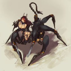 Rule 34 | 1girl, animal hands, arthropod girl, black hair, breasts, brown hair, cleavage, cyborg, eyepatch, female focus, gradient background, highres, insect girl, large breasts, long hair, mechanical arms, mechanical legs, monster girl, monster girl encyclopedia, one eye covered, prehensile tail, prosthesis, softmode, solo, spider girl, tail, ushi-oni (monster girl encyclopedia), yellow eyes