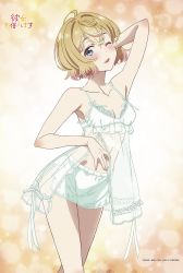 Rule 34 | 1girl, arm behind head, arm up, armpits, bare arms, bare legs, blonde hair, blue eyes, blush, bra, breasts, bubble background, cleavage, copyright name, highres, kanojo okarishimasu, lingerie, looking at viewer, nanami mami, navel, negligee, official art, one eye closed, open mouth, small breasts, solo, underwear, white bra, yellow background