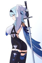 Rule 34 | 1girl, ass, back, bebetang, black thighhighs, blue eyes, blue hair, blue necktie, boots, breasts, eula (genshin impact), from side, genshin impact, gloves, hairband, highres, holding, holding sword, holding weapon, legs, leotard, necktie, purple eyes, short hair, simple background, solo, sword, thigh boots, thighhighs, thighs, two-handed sword, weapon