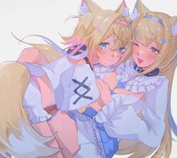 Rule 34 | 2girls, :3, :d, absurdres, animal ears, belt collar, black collar, blonde hair, blue hair, blush, breasts, cleavage, cleavage cutout, clothing cutout, collar, cropped shirt, dog ears, dog girl, dog tail, dress, fishnet thighhighs, fishnets, frilled shorts, frills, fuwawa abyssgard, fuwawa abyssgard (1st costume), hair ornament, hairpin, headphones, headphones around neck, highres, hololive, hololive english, kokomi (aniesuakkaman), large breasts, long hair, medium hair, mococo abyssgard, mococo abyssgard (1st costume), multicolored hair, multiple girls, one eye closed, open mouth, pink hair, shirt, short shorts, shorts, smile, spiked collar, spikes, streaked hair, tail, thighhighs, virtual youtuber, white dress, white shirt, white shorts, x hair ornament
