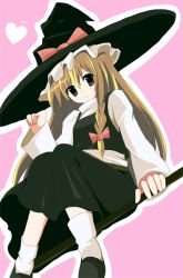 Rule 34 | 1girl, black eyes, black footwear, black hat, black skirt, black vest, blonde hair, bow, braid, broom, broom riding, closed mouth, eyebrows, female focus, hair between eyes, hair bow, hand on headwear, hat, hat bow, heart, kirisame marisa, light smile, long hair, long sleeves, mary janes, outline, pink background, red bow, riding, shirt, shoes, sidesaddle, sitting, skirt, socks, solo, touhou, turtleneck, vest, white shirt, white socks, witch hat
