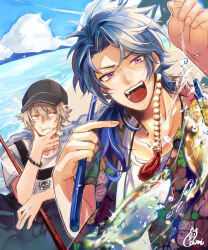 Rule 34 | 2boys, aohitsugi samatoki, arisugawa dice, beach, bead necklace, beads, black hat, blue eyes, blue hair, blue sky, brown hair, cloud, collarbone, fingernails, fish, fishing rod, gami ww, glint, hat, holding, holding fishing rod, hypnosis mic, jewelry, light particles, male focus, multiple boys, necklace, open mouth, purple eyes, shirt, signature, sky, teeth, upper teeth only, water drop, white shirt