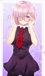 Rule 34 | 1girl, :o, adjusting eyewear, bad id, bad pixiv id, black-framed eyewear, black dress, black pantyhose, blush, border, breasts, collared dress, cowboy shot, dress, fate (series), glasses, gradient background, hair over one eye, hand in own hair, hands up, highres, kisshii (kic1224), large breasts, looking at viewer, mash kyrielight, necktie, pantyhose, parted lips, pink background, pink hair, print necktie, purple eyes, red necktie, short hair, sleeveless, sleeveless dress, solo, standing, white border