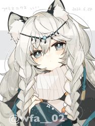 Rule 34 | 1girl, animal ear fluff, animal ears, arknights, bell, black cape, blush, cape, commentary, dress, grey eyes, hair between eyes, hand up, head chain, holding, holding bell, itsuki 02, jewelry, leopard ears, long hair, looking at viewer, pramanix (arknights), solo, turtleneck, turtleneck dress, upper body, white dress, white hair