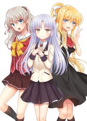 Rule 34 | 3girls, air (visual novel), angel beats!, ascot, beige jacket, black dress, black skirt, black socks, blazer, blonde hair, blue eyes, charlotte (anime), commentary request, company connection, crossover, dress, feet out of frame, hair ribbon, hands on own chest, highres, hoshinoumi academy school uniform, jacket, kamio misuzu, key (company), kneehighs, long hair, looking at viewer, multiple girls, nakamura hinato, pleated skirt, ponytail, red ascot, red shirt, ribbon, sailor collar, sailor shirt, school uniform, shirt, silver hair, skirt, socks, tenshi (angel beats!), tomori nao, two side up, v, very long hair, white sailor collar, yellow eyes, yellow shirt