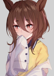Rule 34 | 1girl, absurdres, agnes tachyon (umamusume), animal ears, black shirt, blush, brown hair, collared shirt, commentary request, covered mouth, grey background, hair between eyes, hand up, highres, horse ears, lab coat, long hair, looking away, miyasaka miyabi, off shoulder, open clothes, shirt, simple background, sleeves past fingers, sleeves past wrists, solo, sweater, umamusume, yellow sweater