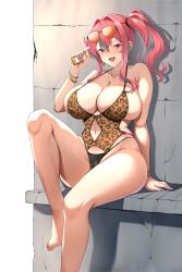 1girl absurdres animal_print arm_support azur_lane barefoot bikini black-framed_eyewear black_bikini blush bottle bracelet breasts bremerton_(azur_lane) bremerton_(pillowed_counseling)_(azur_lane) brown_one-piece_swimsuit cameltoe collarbone commentary_request earrings eyewear_on_head feet fingernails grey_hair hair_intakes highres holding holding_bottle huge_breasts jewelry knee_up knees legs leopard_print long_hair looking_at_viewer lotion_bottle mole mole_on_breast mole_under_eye multicolored_hair nail_polish navel navel_piercing necklace one-piece_swimsuit open_mouth orange-tinted_eyewear pale_skin piercing pink_eyes pink_hair pink_nails plump ranhatu side_ponytail sitting smile solo sunglasses swimsuit thighs tinted_eyewear toenail_polish toenails toes two-tone_hair