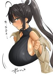 bare_shoulders black_hair blush breasts dark-skinned_female dark_skin green_eyes homura_(senran_kagura) huge_breasts lemonshioo long_hair looking_back removing_jacket senran_kagura sideboob sleeveless sweater twintails upper_body very_long_hair