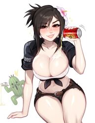 Rule 34 | 1girl, belt, bikini, black hair, blushyspicy, breasts, can, cleavage, crop top, drink can, final fantasy, final fantasy vii, final fantasy vii rebirth, final fantasy vii remake, flower, front-tie top, hair flower, hair ornament, highres, holding, holding can, large breasts, midriff, navel, official alternate costume, official alternate hairstyle, pouring, pouring onto self, sabotender, shirt, short shorts, shorts, smile, swimsuit, tifa lockhart, tifa lockhart (majestic glamour)