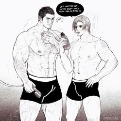 Rule 34 | 2boys, abs, artist name, bara, boxer briefs, chest hair, chris redfield, english text, facial hair, greyscale, highres, holding, holding shower head, holding soap, large pectorals, leg hair, leon s. kennedy, male focus, male underwear, monochrome, multiple boys, muscular, muscular male, navel, nipples, pectorals, resident evil, resident evil 6, shampoo bottle, shejiyeah, short hair, shower head, soap, thick thighs, thighs, underwear
