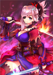 Rule 34 | 1girl, bandages, bare shoulders, blue eyes, breasts, cleavage, dual wielding, eyepatch, fate/grand order, fate (series), hairband, highres, holding, holding sword, holding weapon, japanese clothes, jazztaki, katana, kimono, large breasts, long hair, looking at viewer, miyamoto musashi (fate), miyamoto musashi (second ascension) (fate), one-eyed, pink hair, ponytail, smile, solo, standing, sword, thighs, weapon