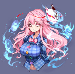 Rule 34 | 1girl, blue shirt, bow, bowtie, breasts, circle, collared shirt, cropped torso, cross, fox mask, hata no kokoro, large breasts, long hair, long sleeves, looking at viewer, mask, navel, open mouth, pink bow, pink bowtie, pink eyes, pink hair, plaid, plaid shirt, raptor7, shirt, simple background, solo, star (symbol), touhou, triangle, upper body