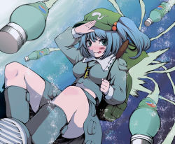 Rule 34 | 1girl, :p, backpack, bag, blue eyes, blue hair, blush, breasts, female focus, hair bobbles, hair ornament, hat, kawashiro nitori, key, legs, matching hair/eyes, missile, pepsi, pepsi ice cucumber, randoseru, salute, short hair, solo, tongue, tongue out, touhou, twintails, two side up, underwater, uousa-ou