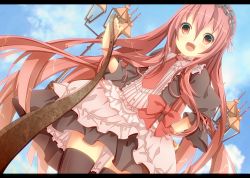 Rule 34 | 1girl, :d, bad id, bad pixiv id, black thighhighs, blue sky, blush, bow, cloud, day, dress, dutch angle, fang, frills, from below, hairband, hand on own hip, lamppost, leash, letterboxed, lolita fashion, lolita hairband, long hair, long sleeves, looking at viewer, looking down, necktie, open mouth, original, pov, red eyes, red hair, satou (una-vittima), sky, smile, solo, thighhighs, very long hair, viewer on leash, zettai ryouiki
