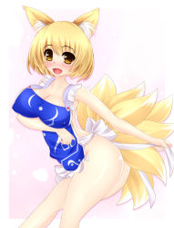 Rule 34 | 1girl, animal ears, apron, blonde hair, blush, breasts, cleavage, covered erect nipples, female focus, fox ears, fox tail, gradient background, highres, large breasts, looking at viewer, naked apron, open mouth, short hair, smile, solo, tail, tamano nae, touhou, yakumo ran, yellow eyes