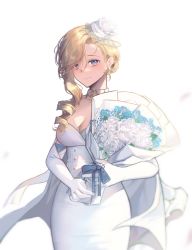 Rule 34 | 1girl, absurdres, azur lane, bad id, bad pixiv id, blonde hair, blue eyes, blue ribbon, bouquet, breasts, cleavage, coat, coat on shoulders, detached collar, earrings, elbow gloves, flower, gloves, hair over shoulder, hat, highres, holding, holding bouquet, hood (azur lane), hood (dawnlight&#039;s dame) (azur lane), jewelry, long hair, long skirt, looking at viewer, medium breasts, mini hat, moonlgnance, official alternate costume, open clothes, open coat, ribbon, rose, simple background, skirt, solo, standing, white background, white coat, white flower, white gloves, white rose